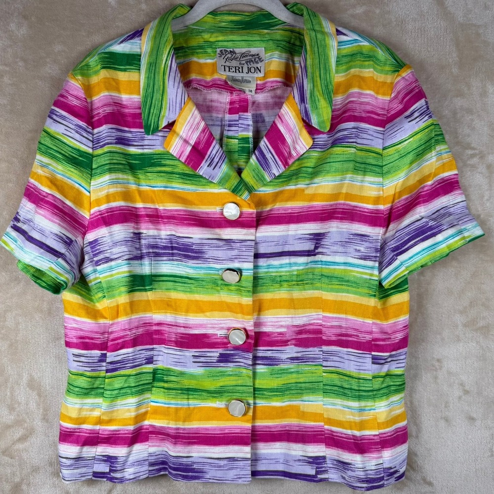 Rickie Freeman Teri Jon Women 14 100% Linen Blazer Top‎ Striped Multi Color